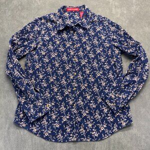Floral Corduroy Button Up Shirt Women’s L  Vintage Style Blue Gloria Vanderbilt